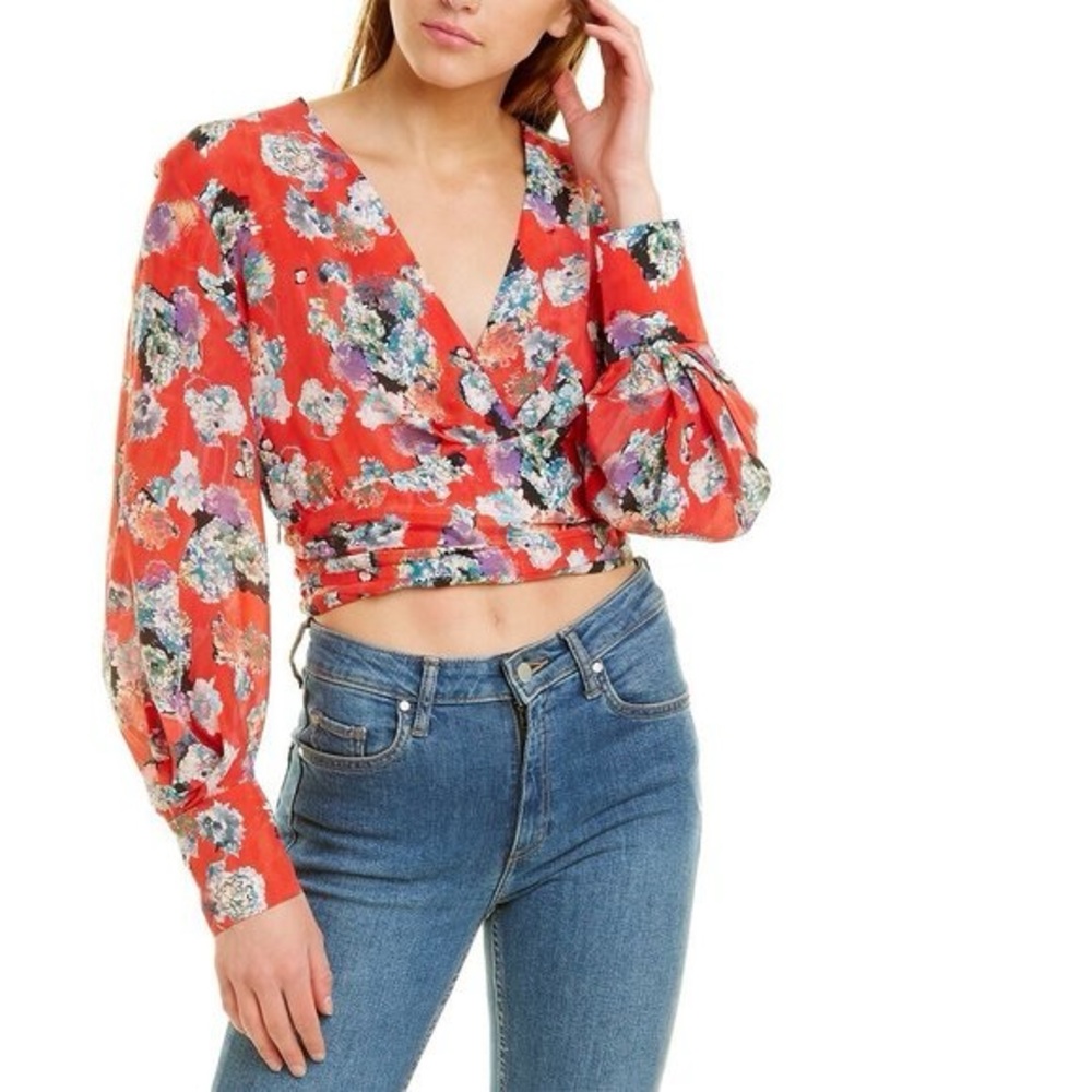 NWT IRO Portal Cropped Floral Print Silk Blouse in Multico Red 36